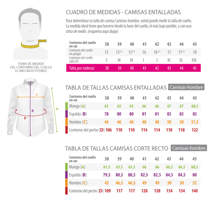 medidas de la tabla - Camisa de corte recto 